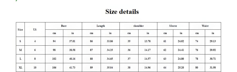 Size chart or sizing guide displaying measurements for different garment sizes.