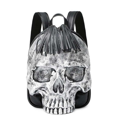 Skull-shaped backpack with a fringed mohawk-like top.