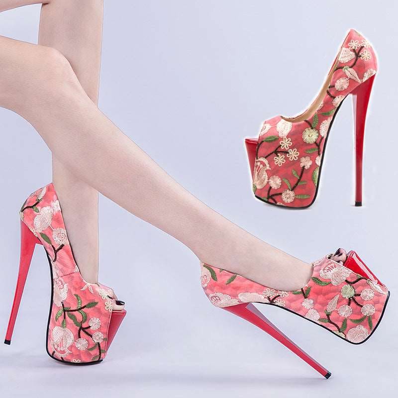 Embroidered Chinese Style Floral Super High Heels Ideal For Drag Queens, Up To a Uk Size 12 - Pleasures and Sins