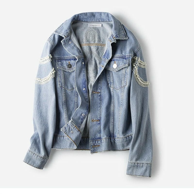 Embroidered Denim Jacket with Beading Pattern Vintage Blue