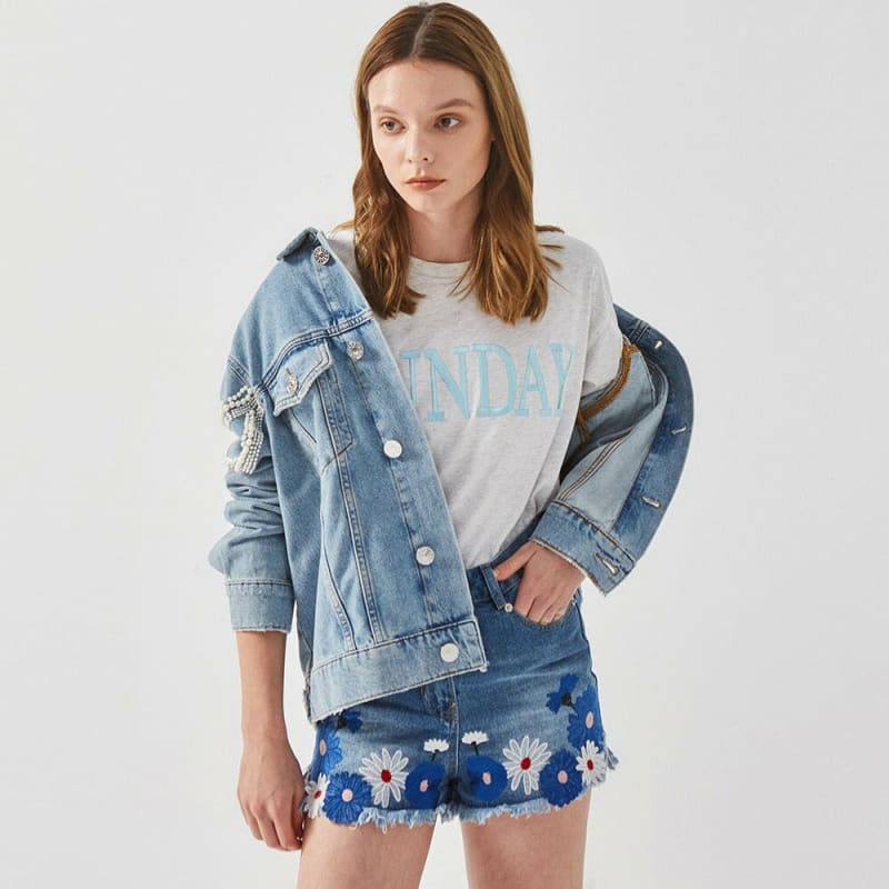 Embroidered Denim Jacket with Beading Pattern Vintage