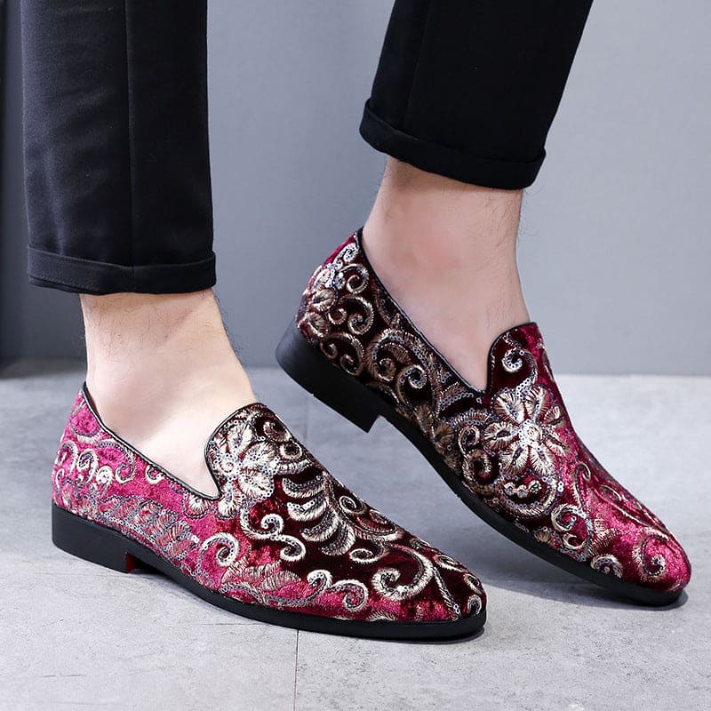 Embroidered Fleur - de - lys Men’s Slip On Loafer Shoes