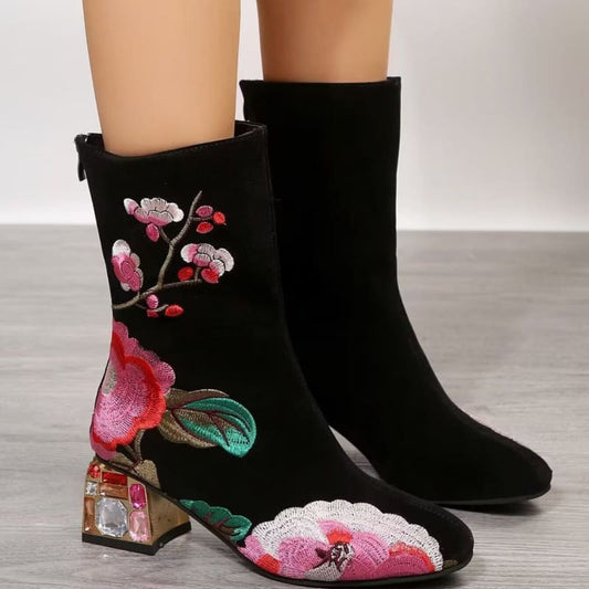 Embroidered Flower Mid - calf Vintage Style Boots With Gem