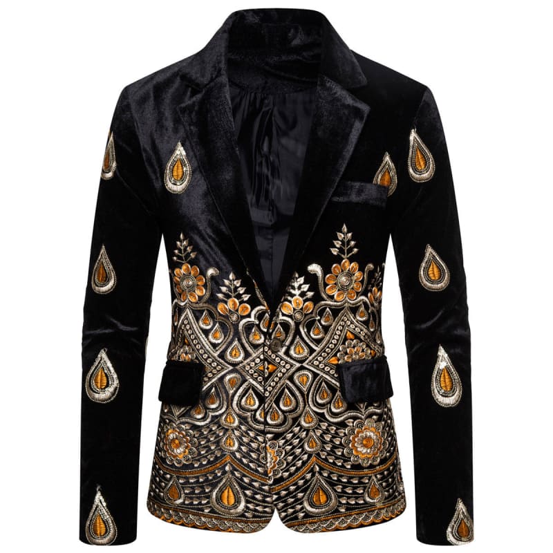 Ethnic Print Single-Breasted Rhinestone Smart Jacket Black