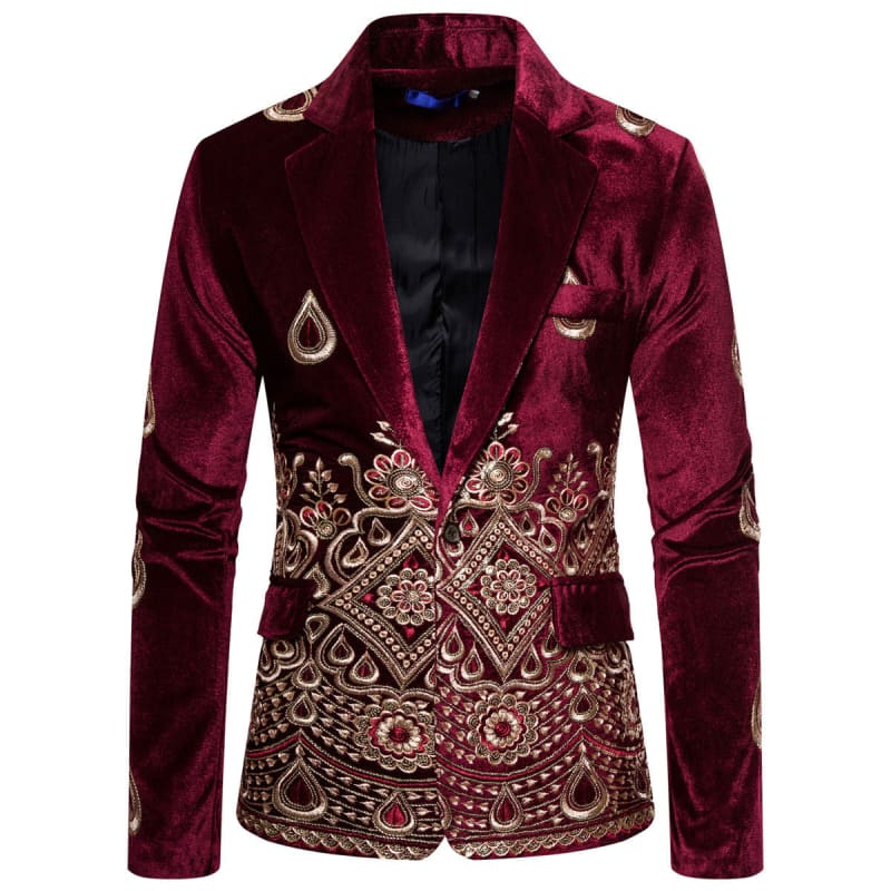 Ethnic Print Single-Breasted Rhinestone Smart Jacket Wine