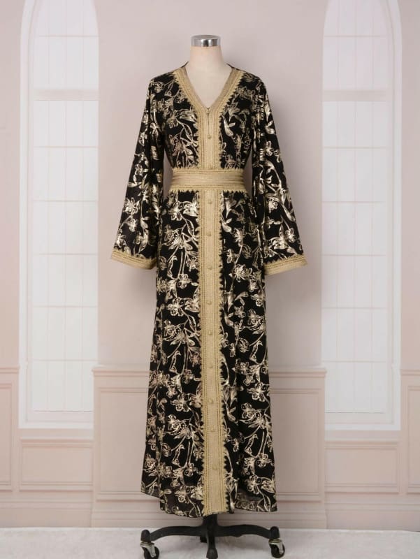 Evening Dress Muslim with Flower Gold Stamping Robe black