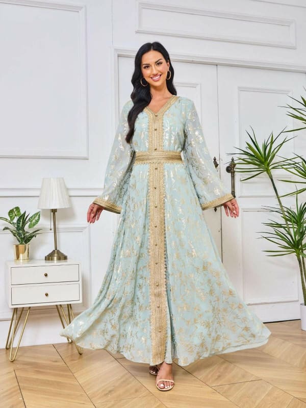 Evening Dress Muslim with Flower Gold Stamping Robe