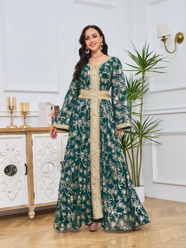 Evening Dress Muslim with Flower Gold Stamping Robe