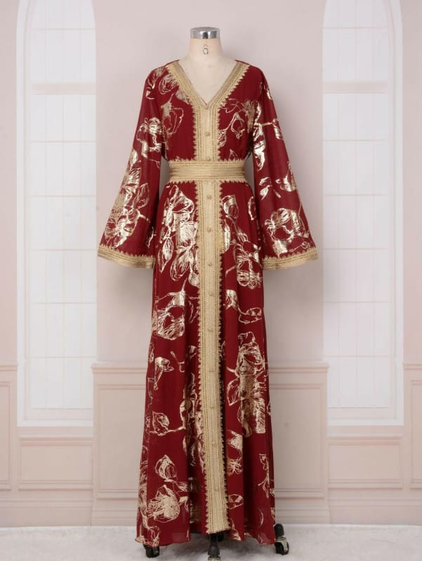 Evening Dress Muslim with Flower Gold Stamping Robe red / S