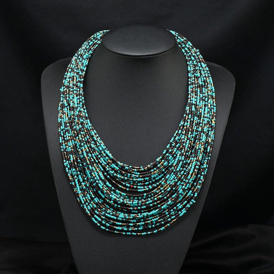 Exaggerated Multi-Layer Beaded Short Bohemian Necklace blue