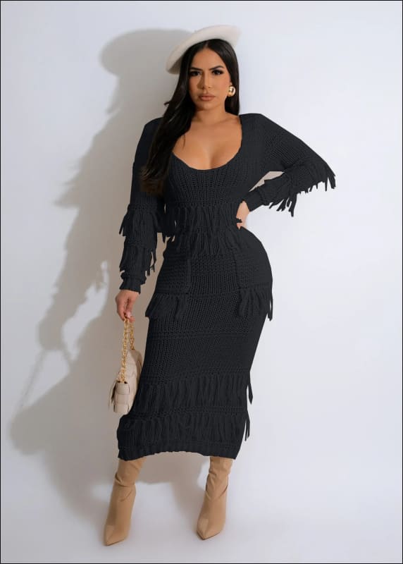 Exquisite Women’s Sexy Low Cut Fringed Midi Dress Black / S