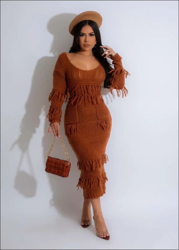 Exquisite Women’s Sexy Low Cut Fringed Midi Dress Coffee / S