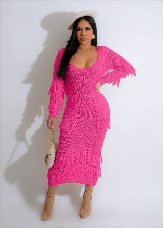 Exquisite Women’s Sexy Low Cut Fringed Midi Dress Rose