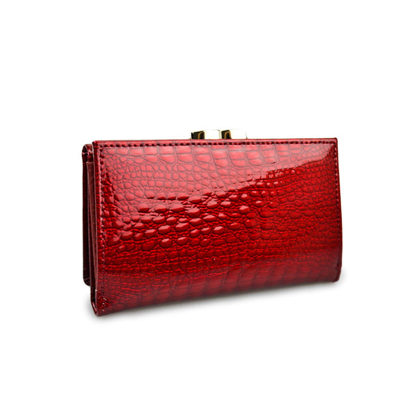 Wine Red Patent Leather Crocodile Print Purse with a stylish gold clasp and texture.