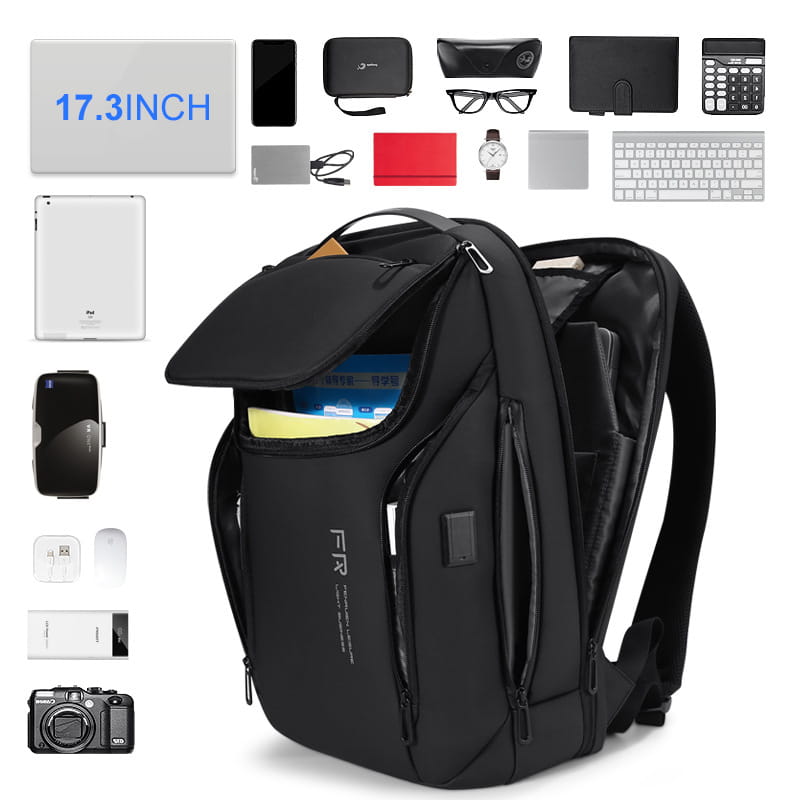 Sac à dos USB de loisirs moderne noir avec plusieurs compartiments pour les voyages en plein air et les affaires.