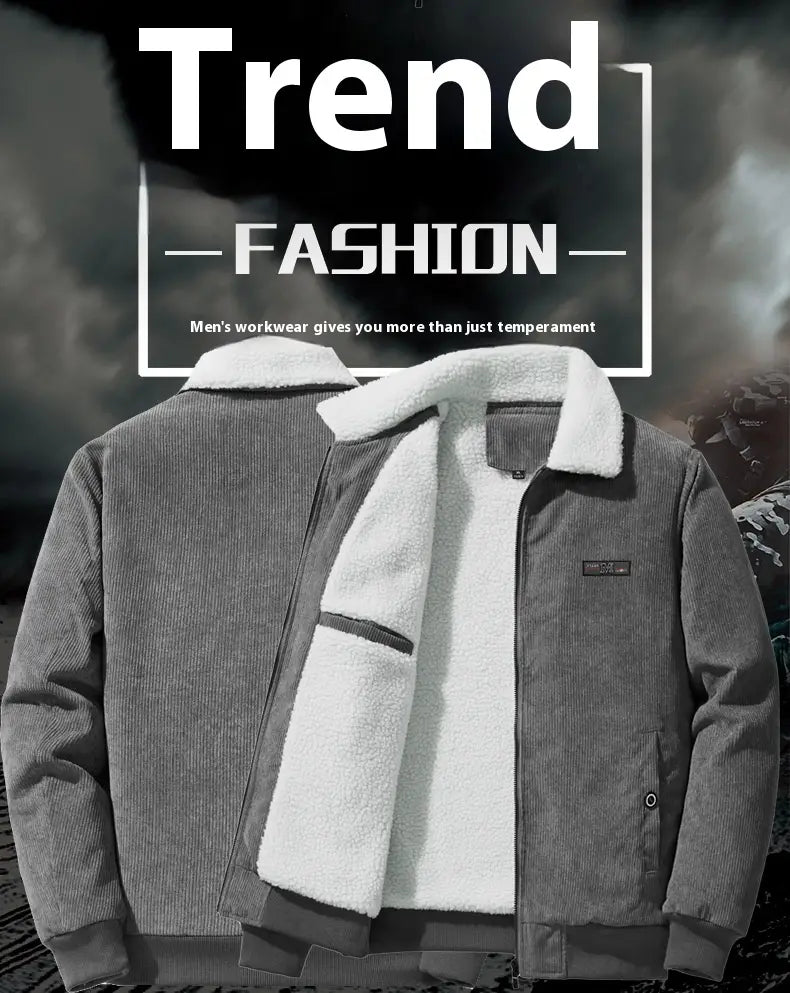 Gray Fleece-lined Corduroy Winter Coat for Men