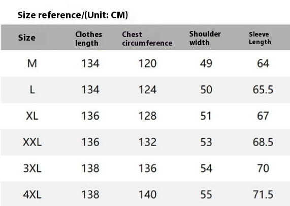 Size chart for Men’s Luxury Padded Quilted Long Coat in cm from M to 4XL.