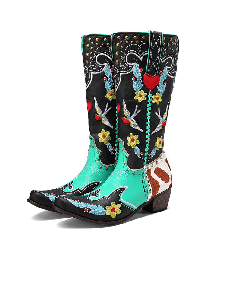 Decorative turquoise and black women’s western boots with exquisite embroidery design.