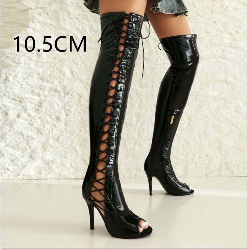 Patent Stretch Over-the-knee Open Toe Side Lace Up Boots