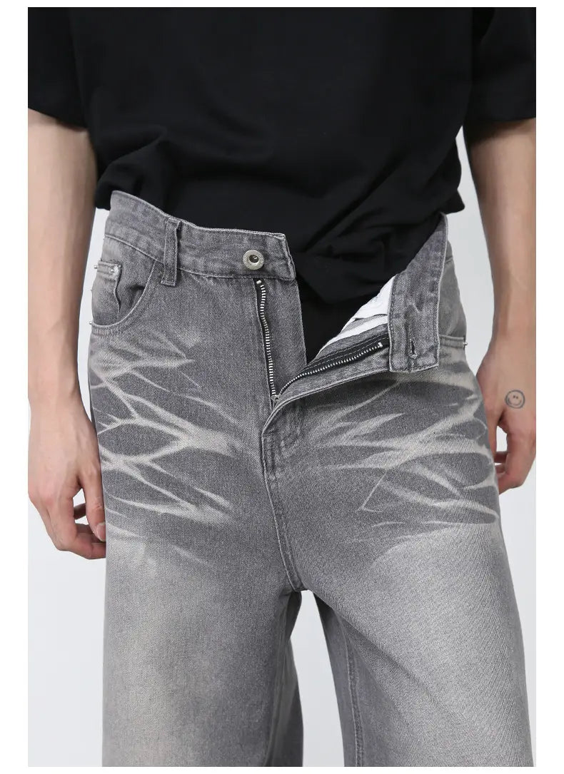 Homme Retro Washed Ripped Straight Loose Wide leg Jeans