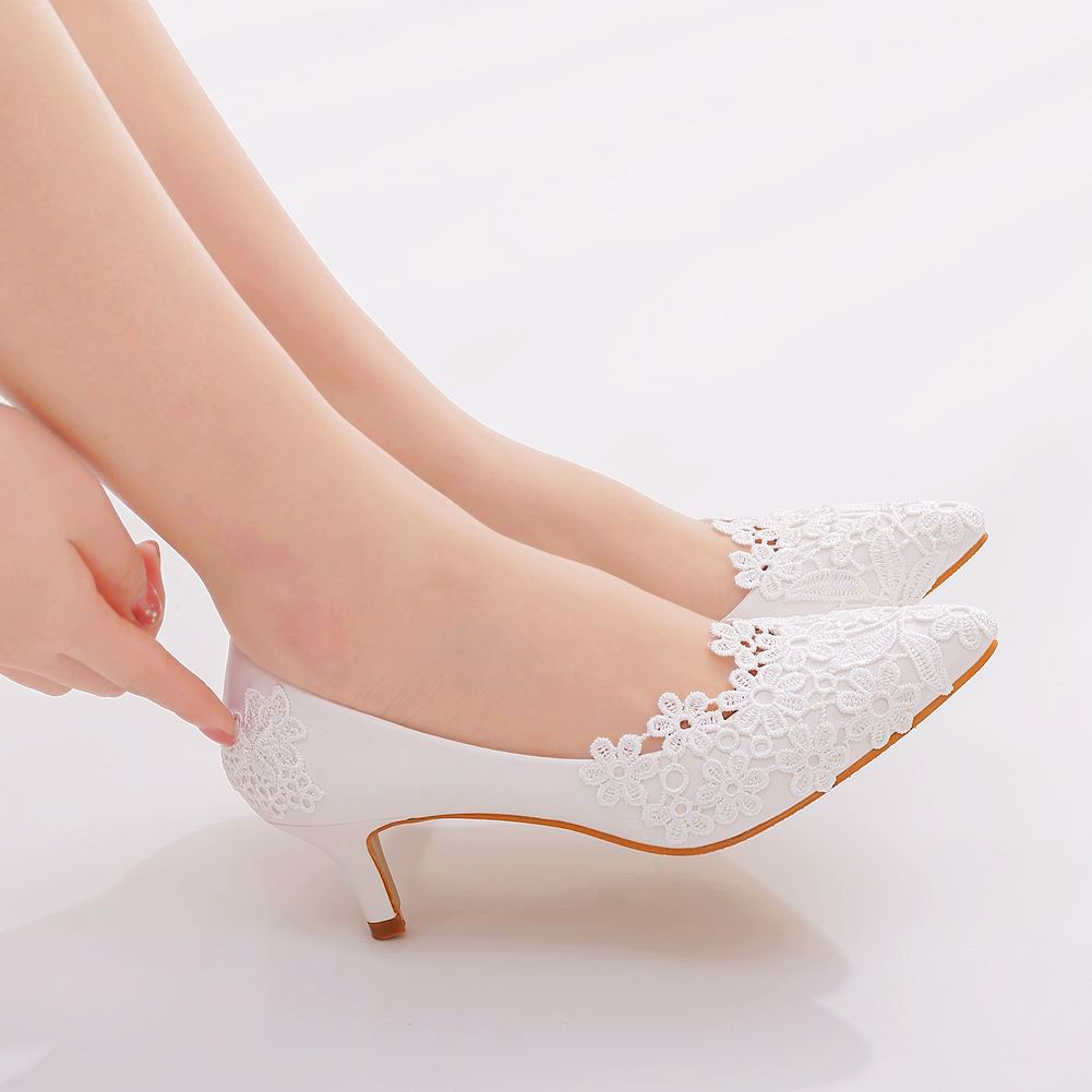 Elegant Simple Lace Flower Wedding Shoes White 5cm High Heel