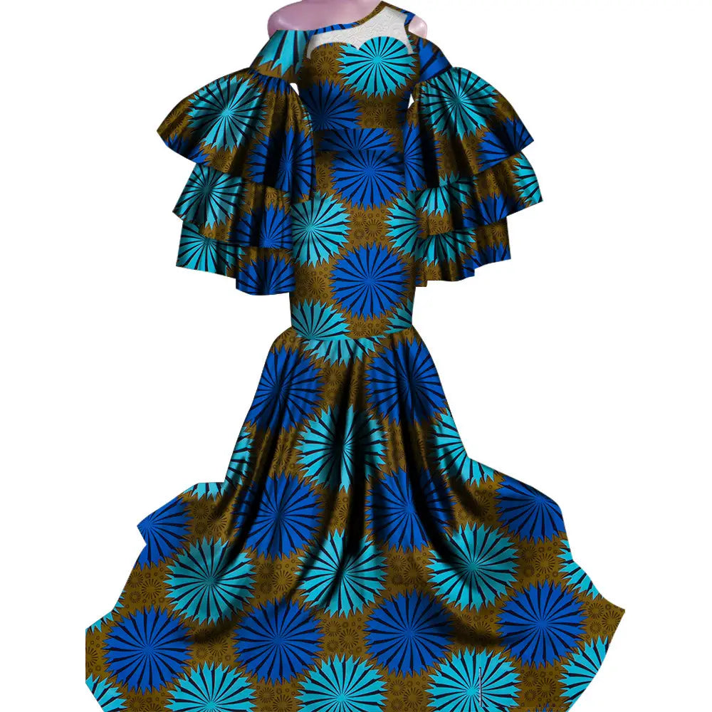 Floral print ladies African print traditional fishtail dress with ruffled sleeves.