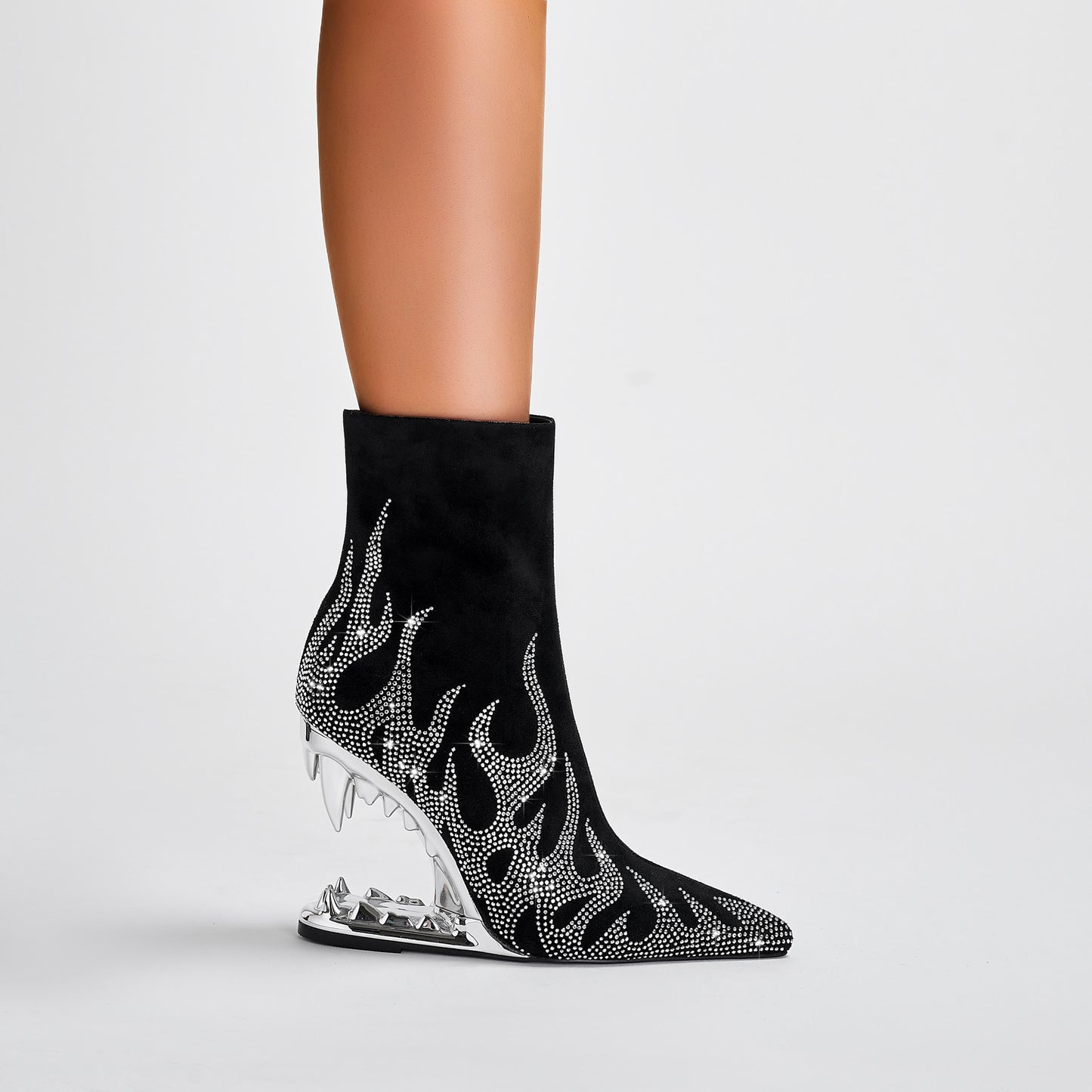 Teeth Profiled Heel, Womens High Heel Rhinestone Ankle Boots