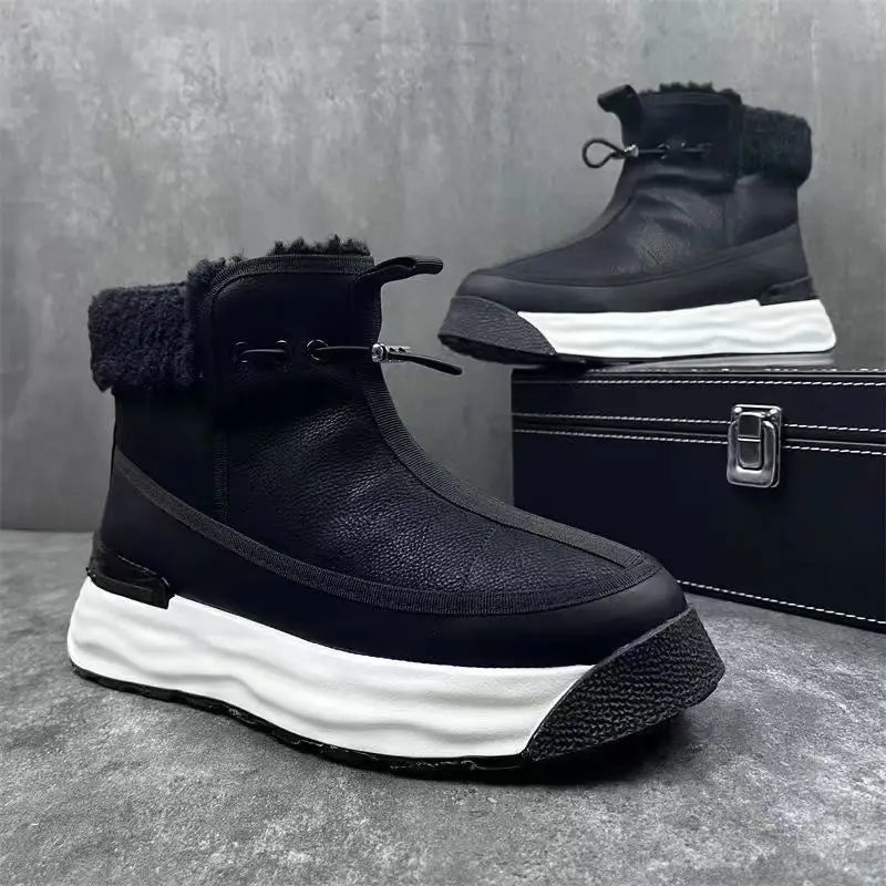 Black winter ankle boots with white soles and furry trim for stylish mens high-top platform.