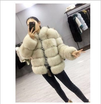 Faux Fox Fur Ladies Slimming and Stand Collar Coat