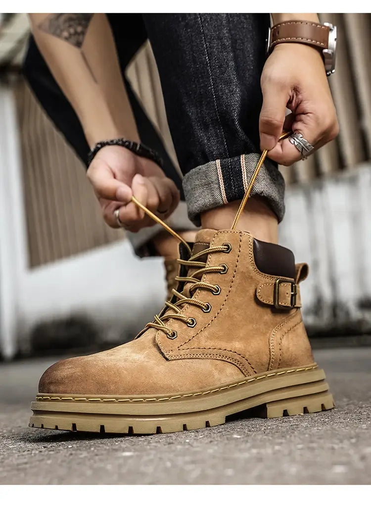 Tan Retro Martin Boots with rugged soles and laces perfect for a stylish Steampunk vibe.