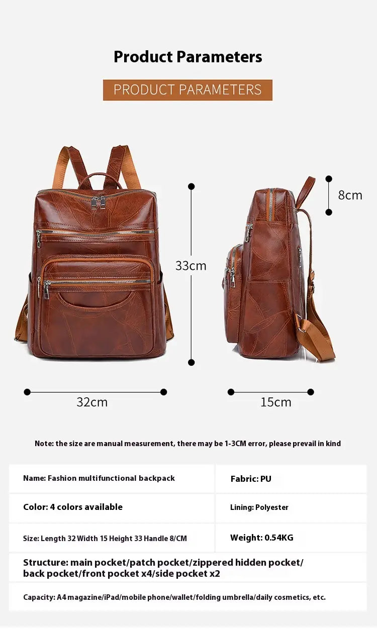 Brown women’s PU leather backpack with adjustable straps and zippered compartments.