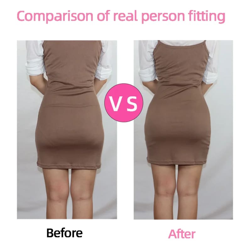 Comparison of a brown dress or skirt fit on a person’s lower body, showing a before and after view.