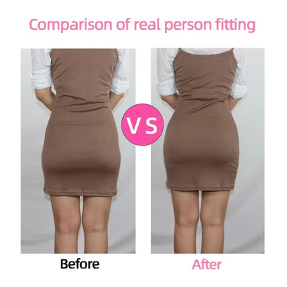 Comparison of a brown dress’s fit on a person before and after an adjustment or alteration.