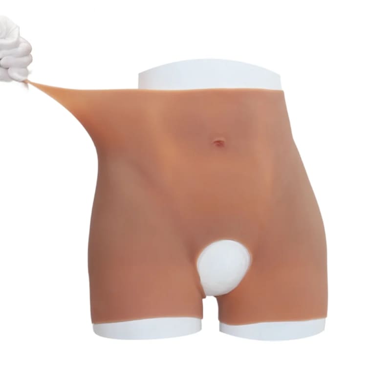 Mannequin torso displaying flesh-colored underwear or shorts with white trim.