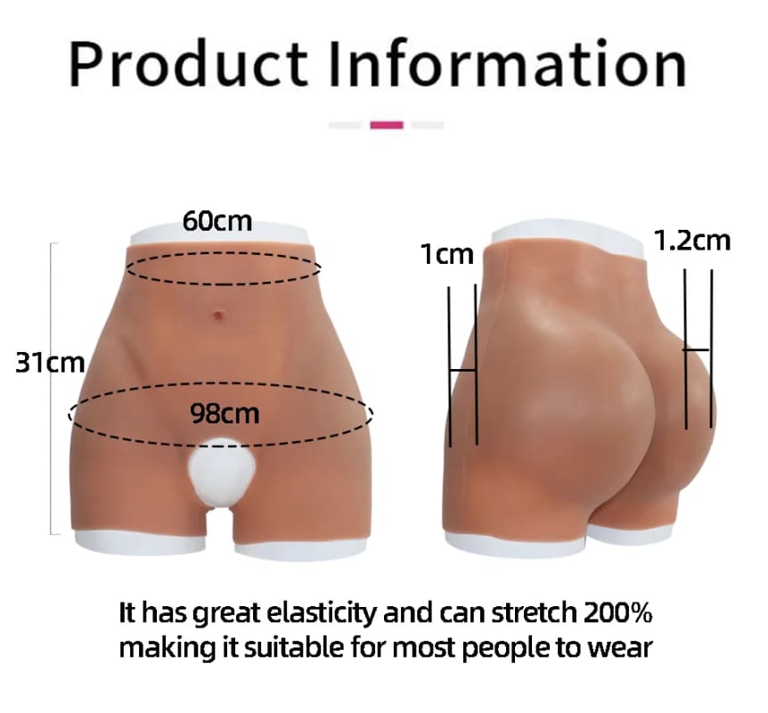 Flesh-colored silicone undergarment or body shaper with detailed measurements.