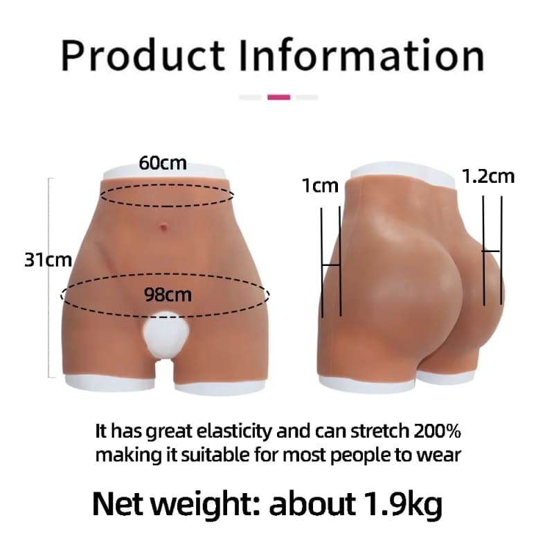 Silicone hip and buttock enhancer garment with product measurements displayed.