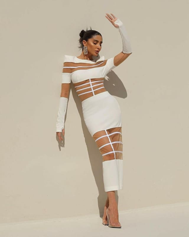 Fashion Dress with Mesh Hip Hugging Slim Fit Design white