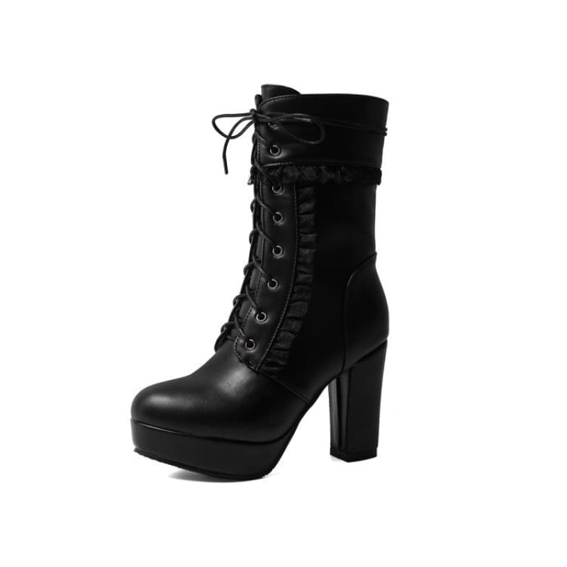 Fashion High Heel Ankle Boots with Lace Detail Black / 34