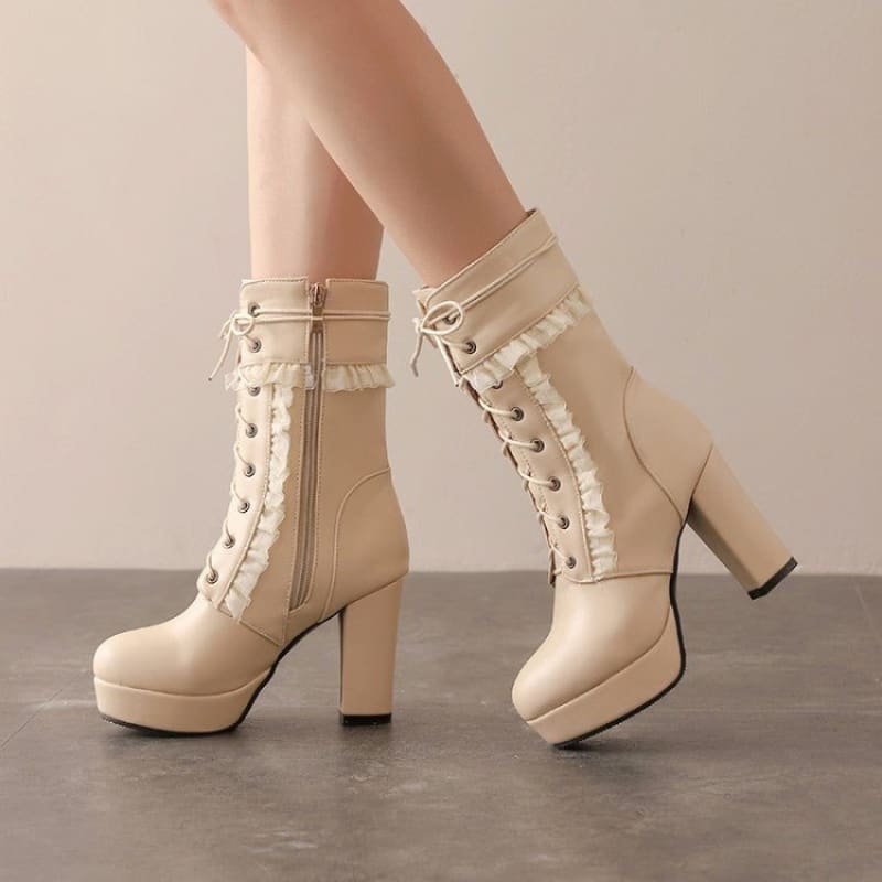 Fashion High Heel Ankle Boots with Lace Detail