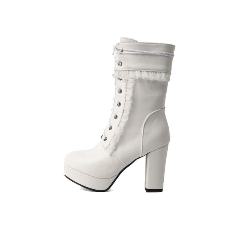 Fashion High Heel Ankle Boots with Lace Detail White / 34