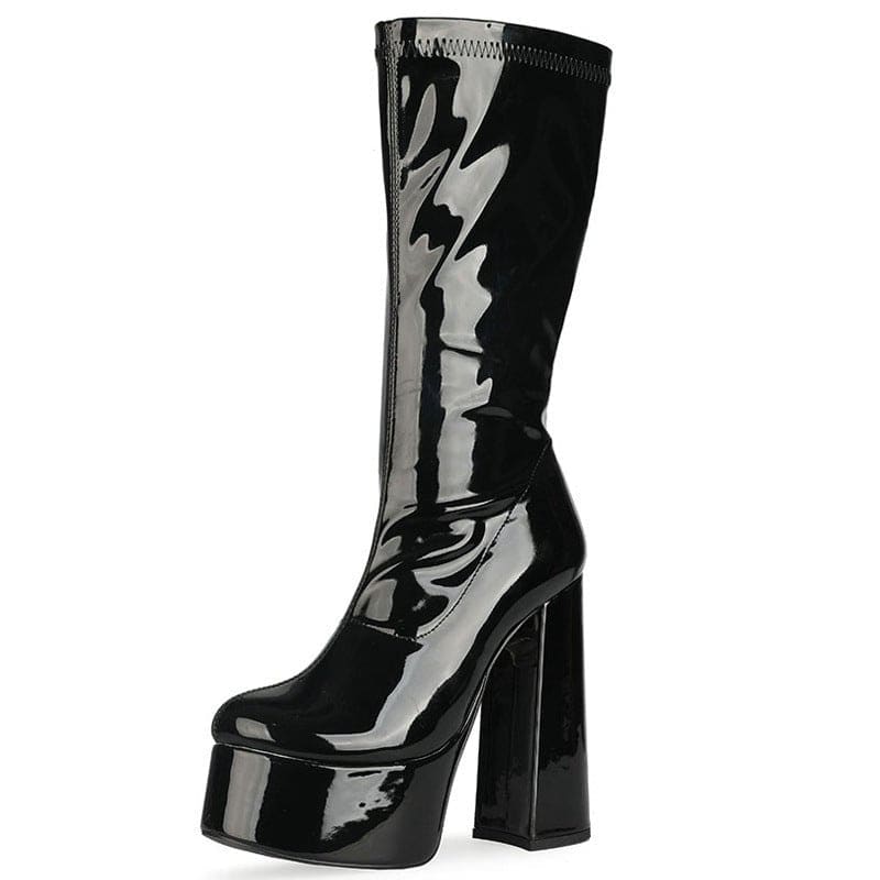 Patent Leather, High Chunky Heel Boots With Thick Round Toe In 6 Colours - Pleasures and Sins   Pleasures and Sins