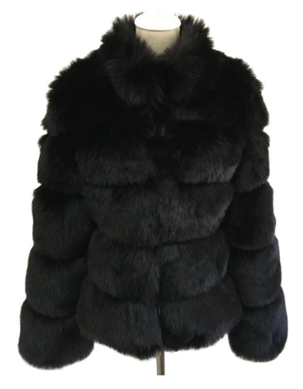 Faux Fox Fur Ladies Slimming Stand Collar Coat Black / S