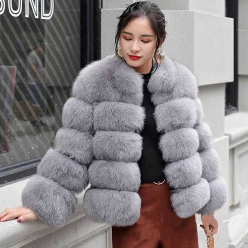 Faux Fox Fur Ladies Slimming Stand Collar Coat