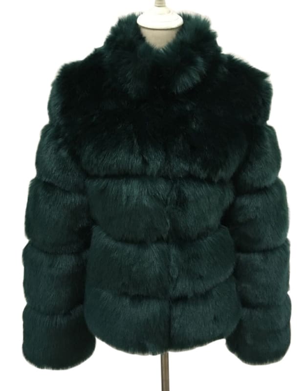 Faux Fox Fur Ladies Slimming Stand Collar Coat Dark Green