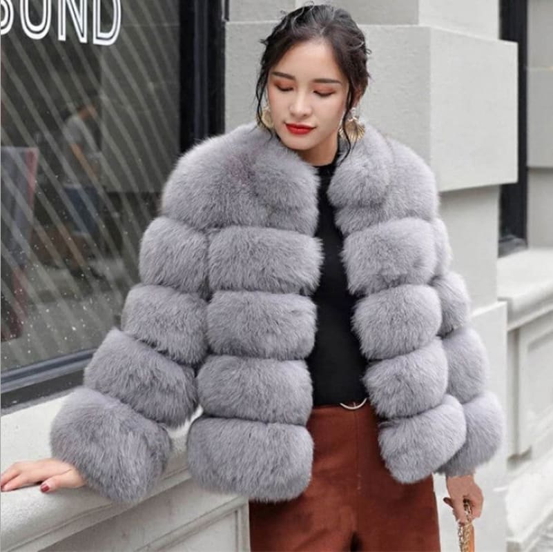 Faux Fox Fur Ladies Slimming Stand Collar Coat Gray / S