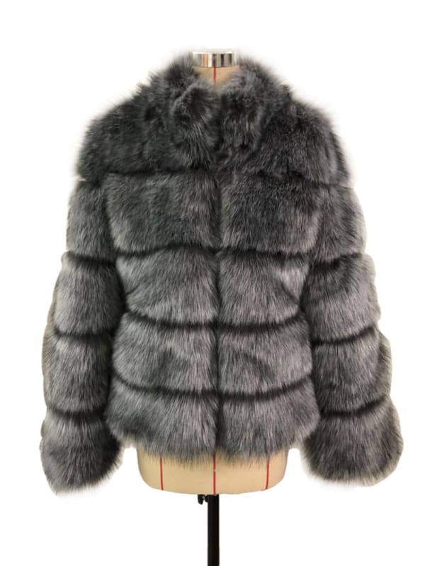 Faux Fox Fur Ladies Slimming Stand Collar Coat Silver Fox