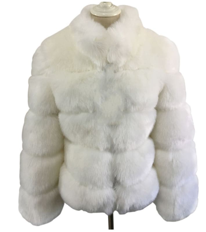 Faux Fox Fur Ladies Slimming Stand Collar Coat White / S