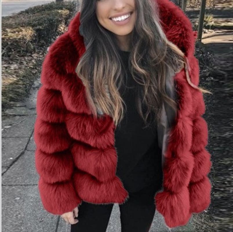 Faux Fox Fur Ladies Slimming Stand Collar Coat Wine Red / S