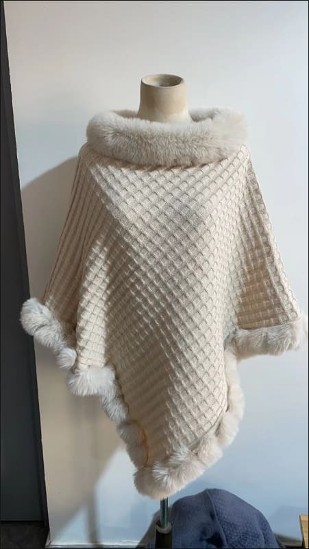 Faux Fur Collar Luxury Shawl Cape Poncho Wrap Beige