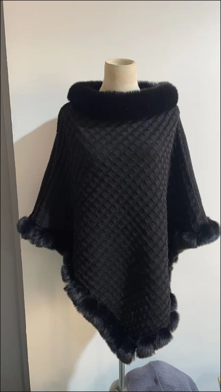 Faux Fur Collar Luxury Shawl Cape Poncho Wrap Black